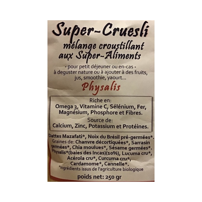 Super Cruesli, mélange croustillant aux super-aliments, Physalis, de  Croc'enVie, raw food, bio et vegan à Shanti Breizh, Trégun