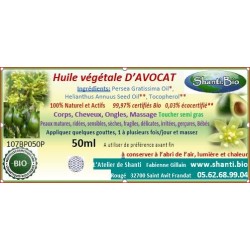Huile végétale d'avocat bio en vente à Shanti Breizh, Trégunc, Bretagne, Finistère